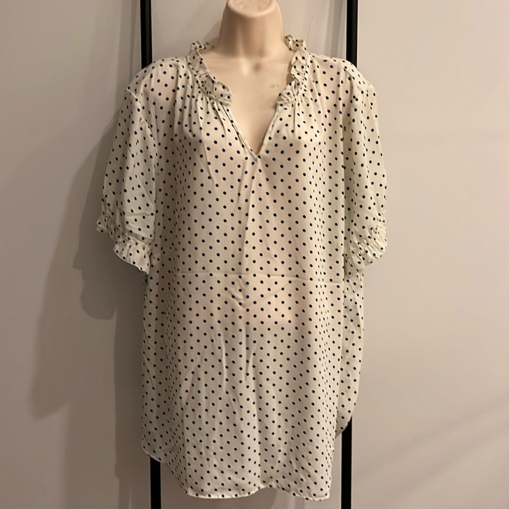 Talbots Ruffed Polka Dots Short Sleeve Chiffon Blouse Top White Blue Women